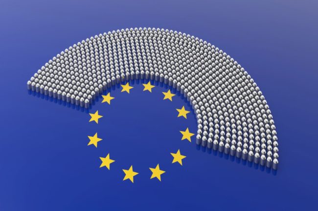 European Union parliament seats and yellow stars circle on blue background. 3d illustration Europa wählt ein neues Parlament